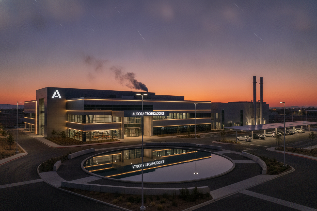 Modern industrial facility exterior at dusk with glowing lights