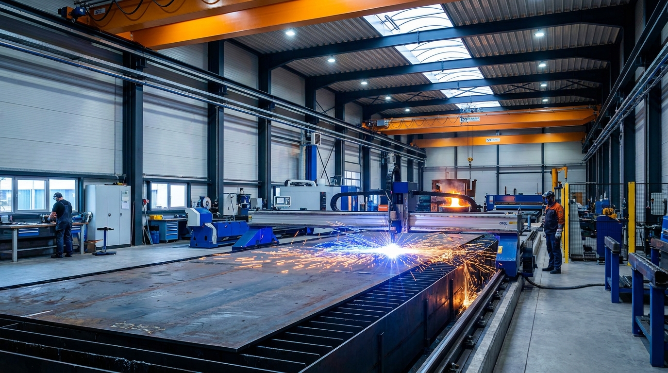 Steel fabrication facility with cutting machinery and industrial workers