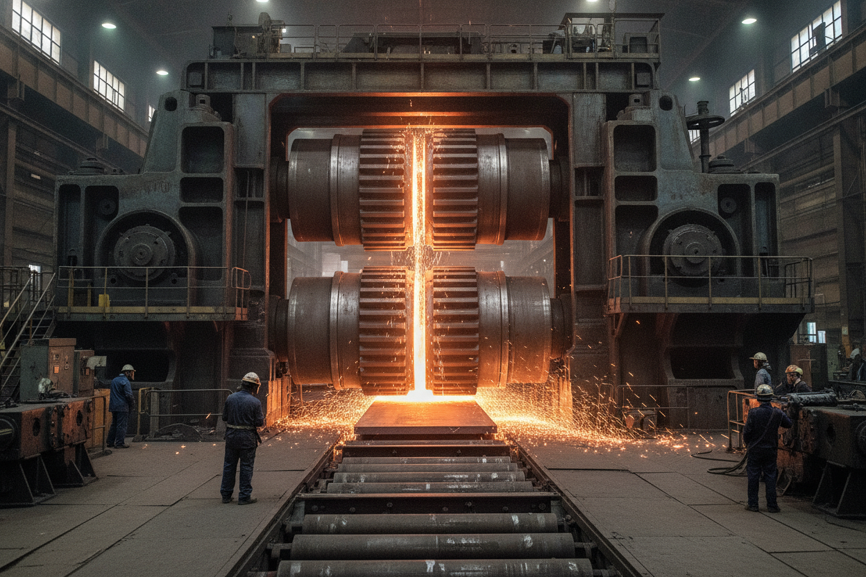 Large industrial rolling machine shaping heavy steel plates